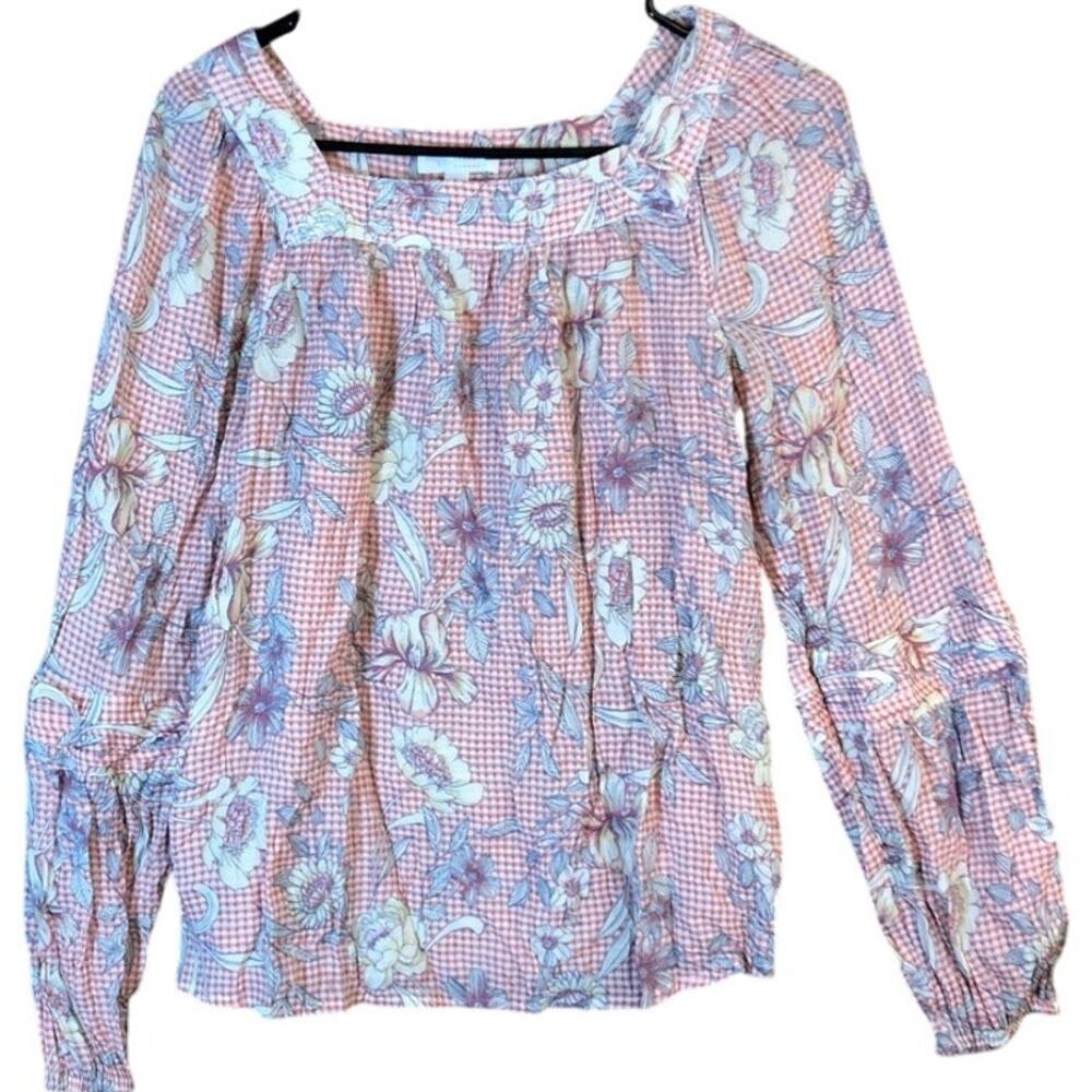 LC Lauren Conrad Womens Blouse Orange Multicolor Square Neck Long Sleeve Small